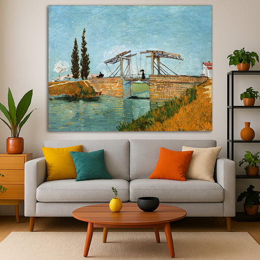 Vincent van Gogh - Langlois Bridge at Arles Giclée canvas print displayed in a modern living room interior