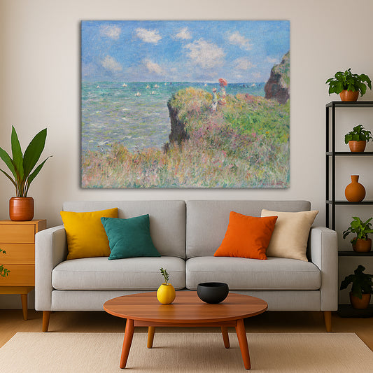 Claude Monet - Cliff Walk at Pourville Giclée canvas print displayed in a modern living room interior