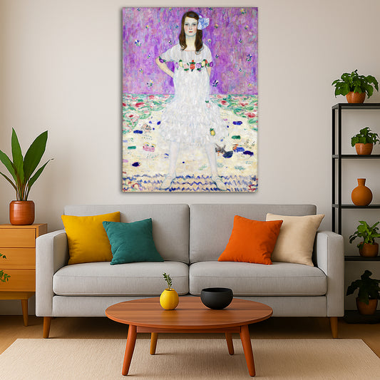 Gustav Klimt - Mada Primavesi Giclée canvas print displayed in a modern living room interior
