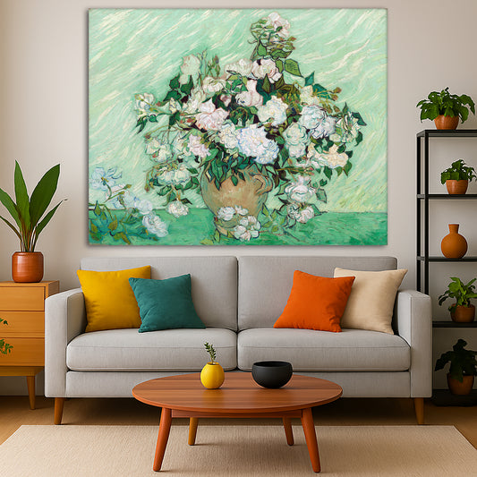 Vincent van Gogh - Roses Giclée canvas print displayed in a modern living room interior