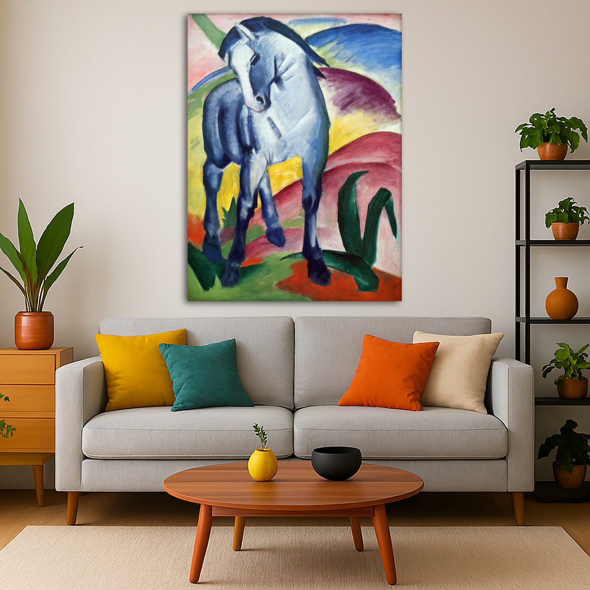 Franz Marc - The Blue Horse Giclée canvas print displayed in a modern living room interior