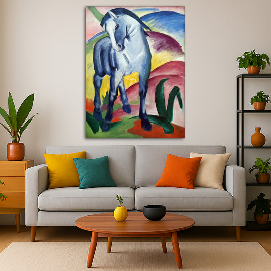 Franz Marc - The Blue Horse Giclée canvas print displayed in a modern living room interior