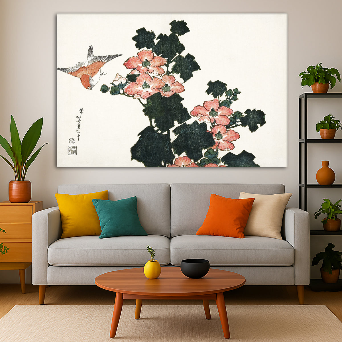 Katsushika Hokusai - Red Roses and Bird Giclée canvas print displayed in a modern living room interior