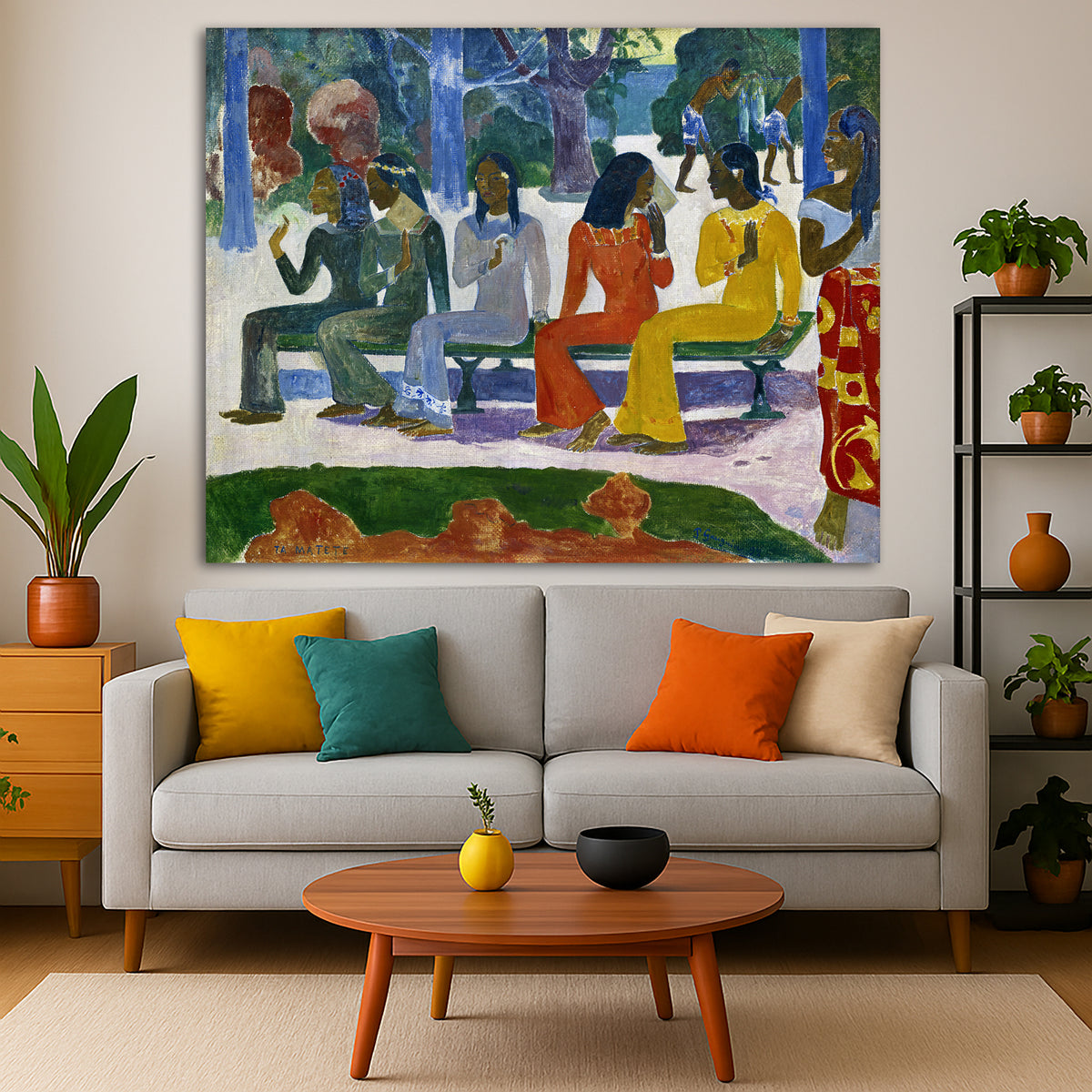 Paul Gauguin - We Shall Not Go to the Market Giclée canvas print displayed in a modern living room interior