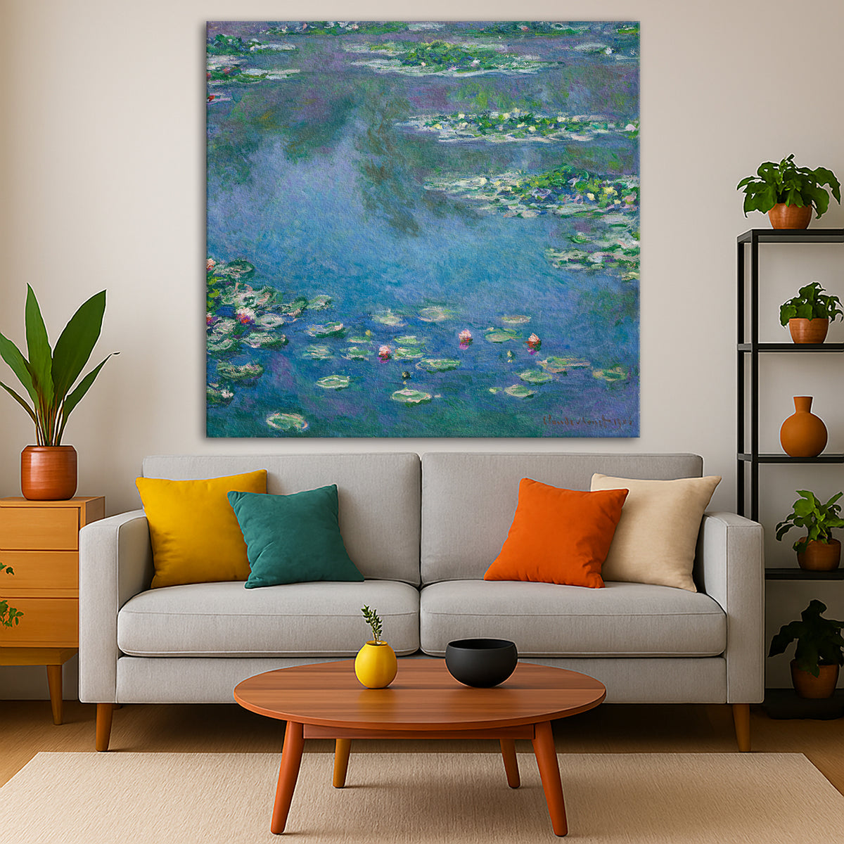 Claude Monet - Water Lilies 1906 Giclée canvas print displayed in a modern living room interior