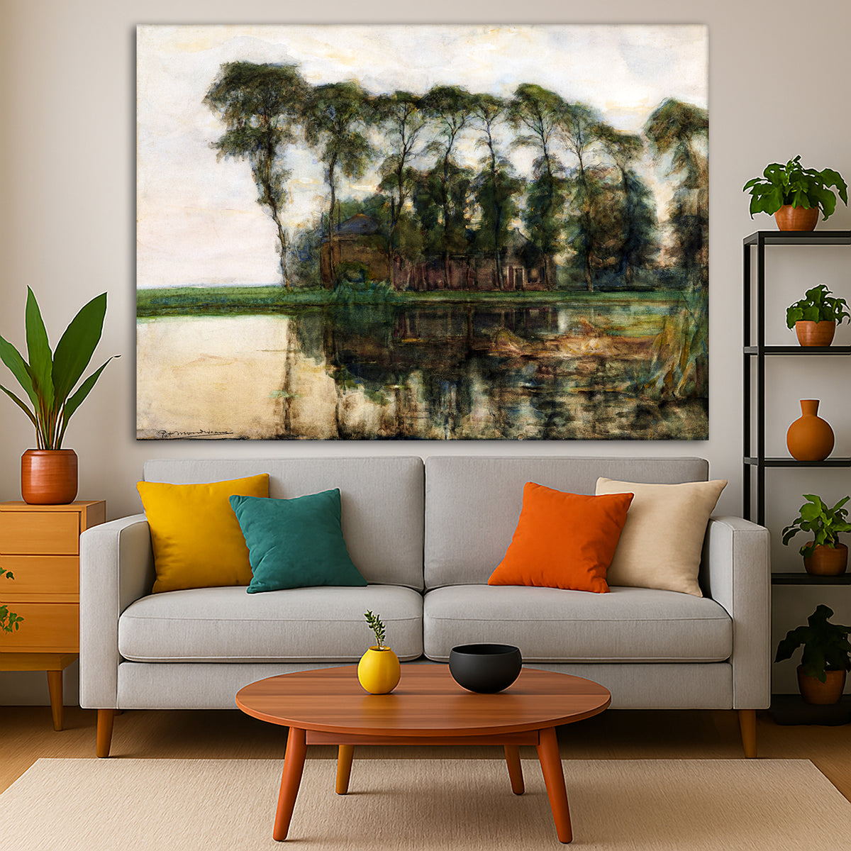 Piet Mondrian - Farm Along the Water Giclée canvas print displayed in a modern living room interior