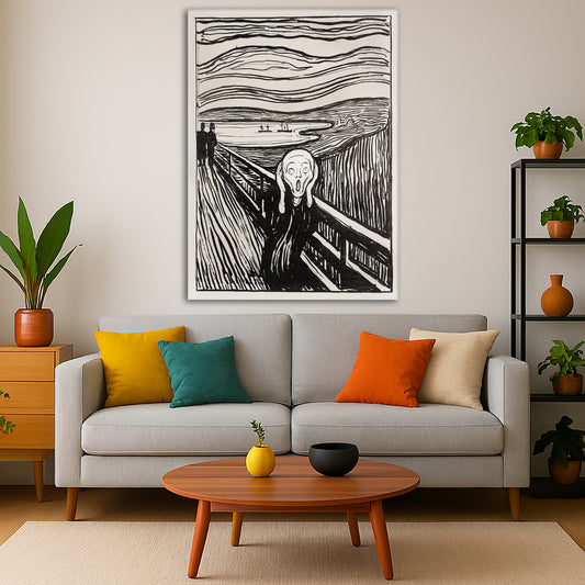 Edvard Munch - The Scream Black White Giclée canvas print displayed in a modern living room interior