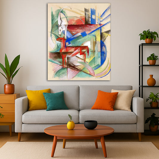 Franz Marc - Landscape with Animals Giclée canvas print displayed in a modern living room interior