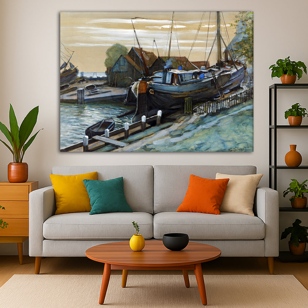 Piet Mondrian - Durgerdam Harbour Giclée canvas print displayed in a modern living room interior