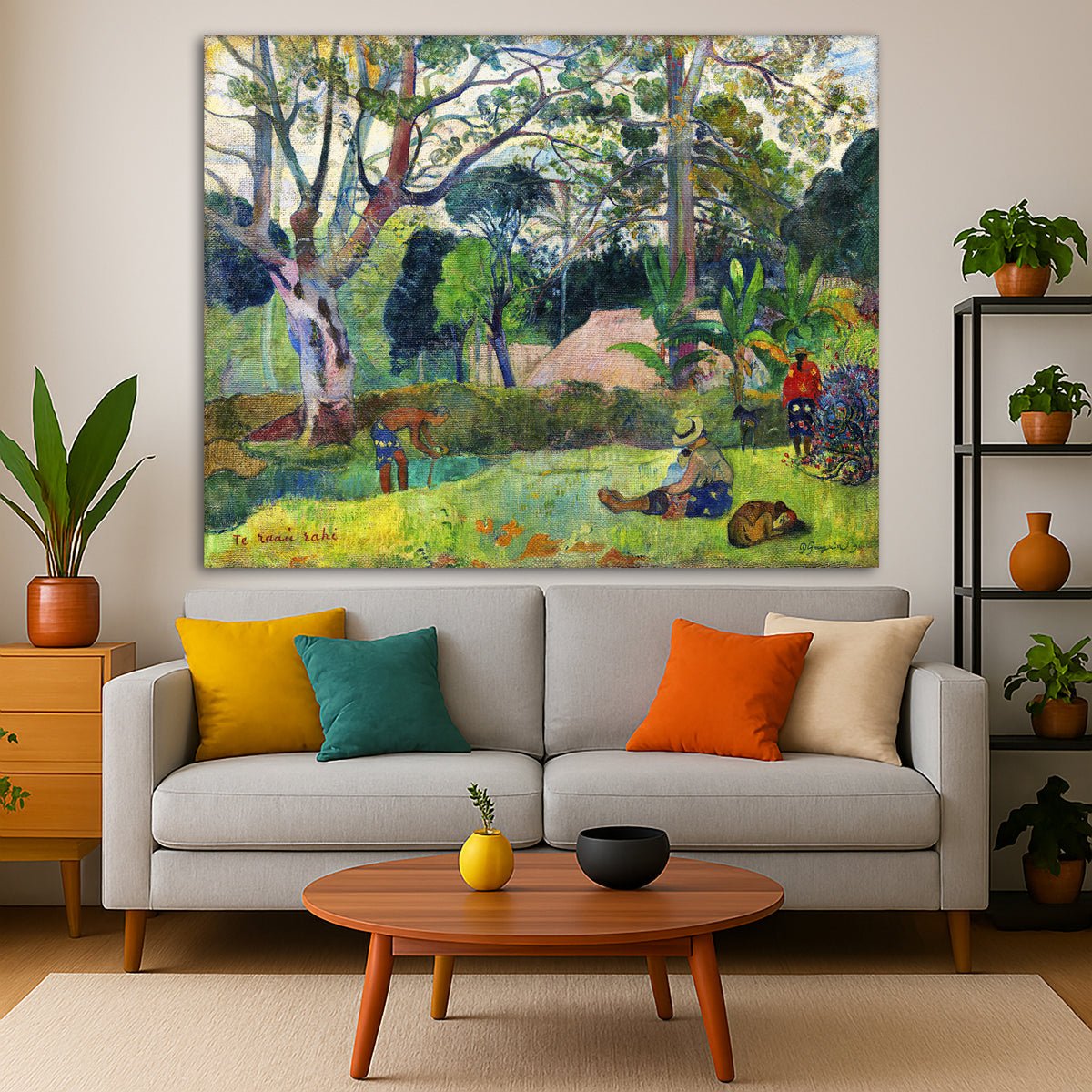Paul Gauguin - The Big Tree Te raau rahi Giclée canvas print displayed in a modern living room interior