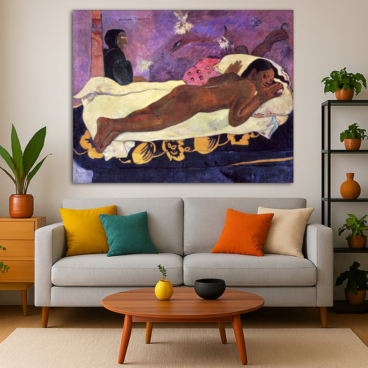 Paul Gauguin - Spirit of the Dead Keeps Watch Giclée canvas print displayed in a modern living room interior