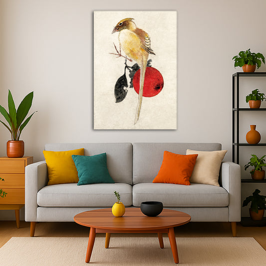 Katsushika Hokusai - Bird Giclée canvas print displayed in a modern living room interior