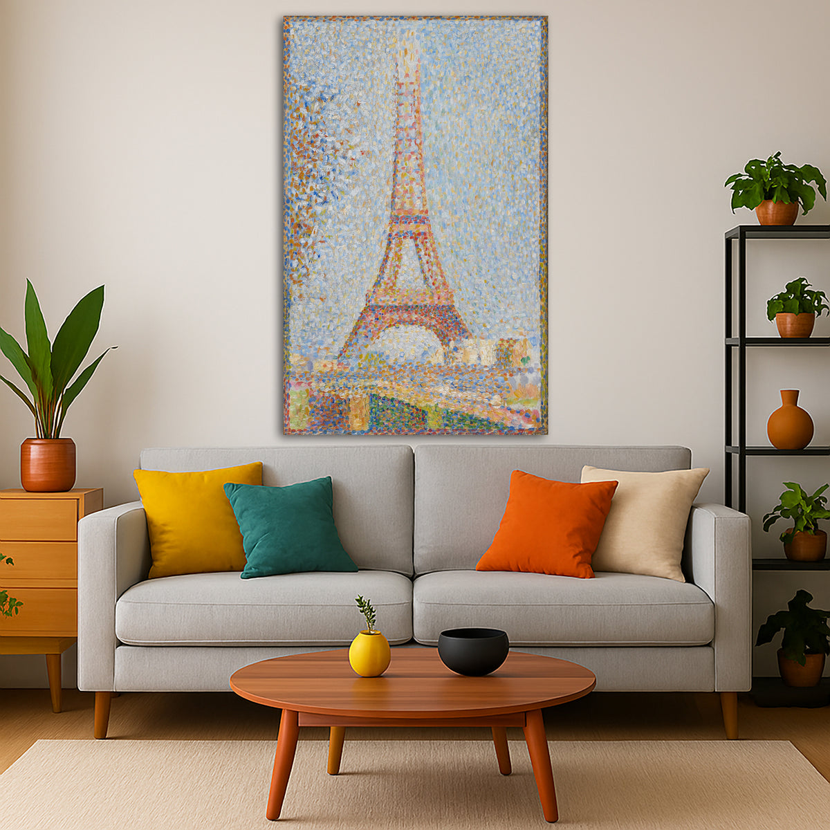 Georges Seurat - Eiffel Tower Giclée canvas print displayed in a modern living room interior