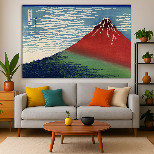 Katsushika Hokusai - Red Fuji Giclée canvas print displayed in a modern living room interior