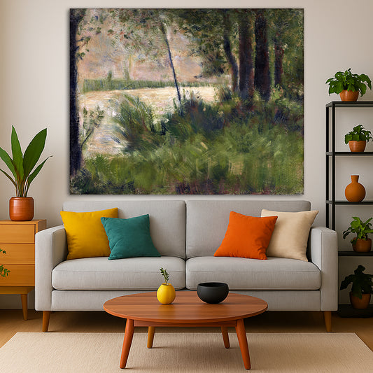 Georges Seurat - Grassy Riverbank Giclée canvas print displayed in a modern living room interior
