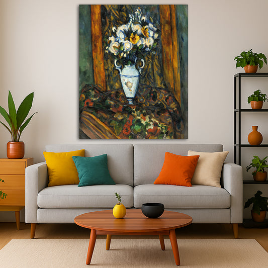 Paul Cézanne - Vase of Flowers Giclée canvas print displayed in a modern living room interior