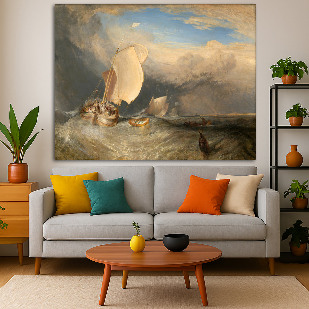William Turner - Fishing Boats with Hucksters Giclée canvas print displayed in a modern living room interior