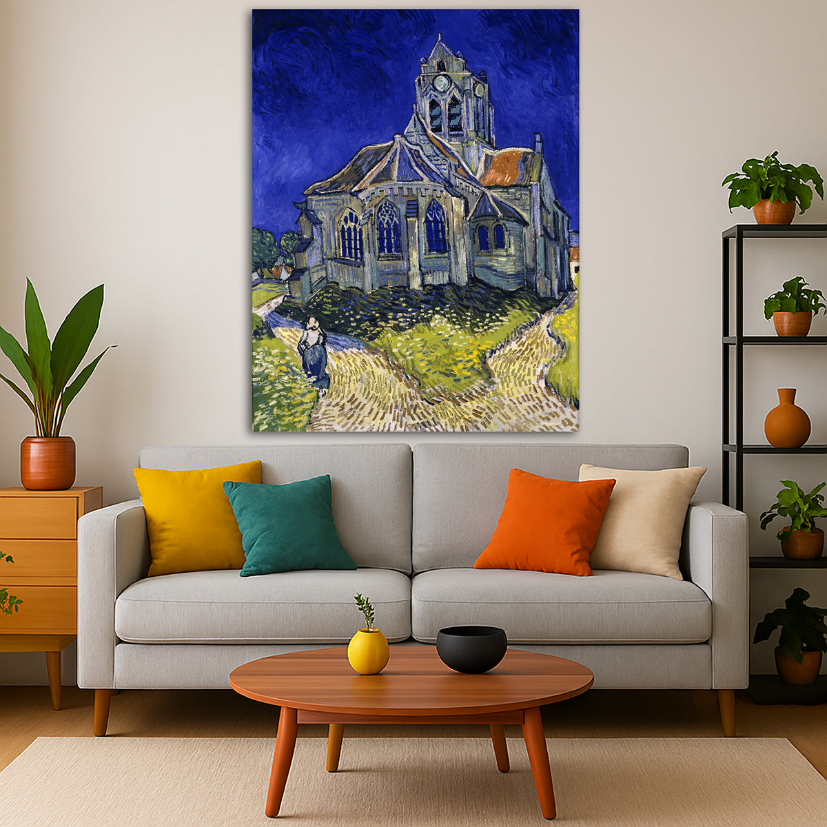 Vincent van Gogh - The Church at Auvers Giclée canvas print displayed in a modern living room interior