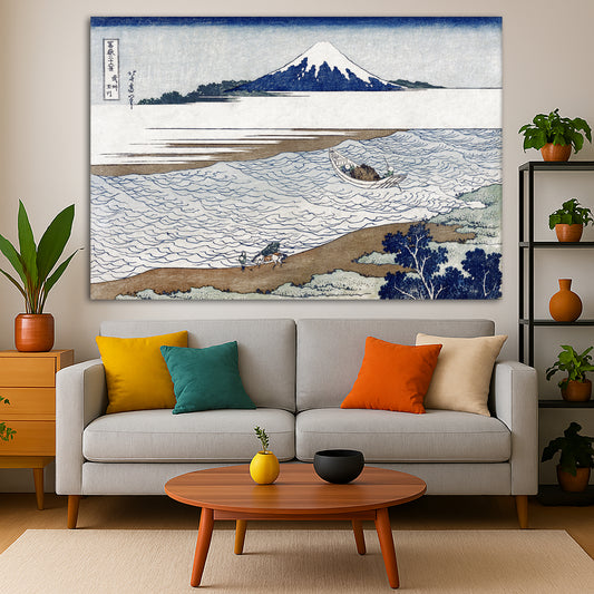 Katsushika Hokusai - Tama River in Musashi Giclée canvas print displayed in a modern living room interior