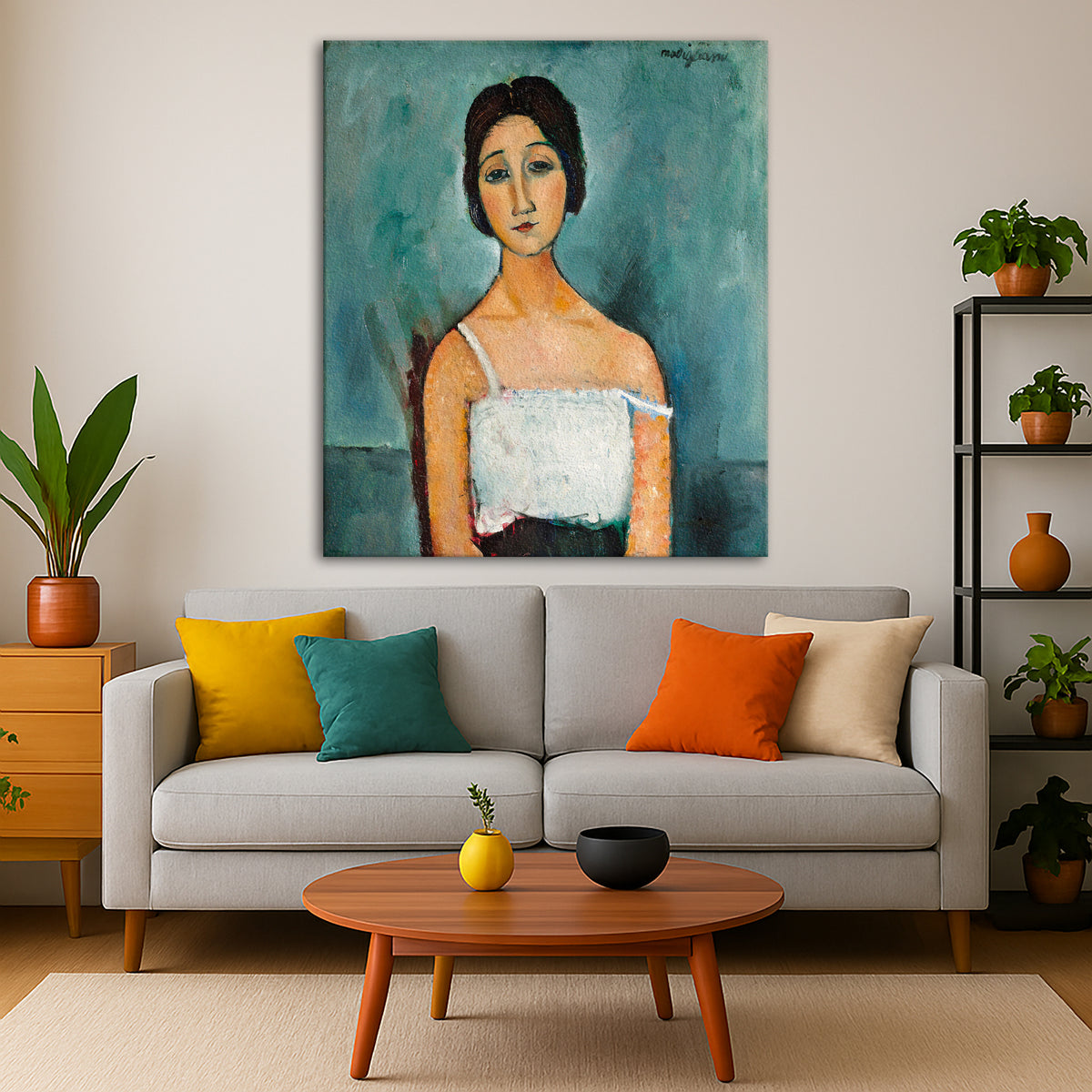 Amedeo Modigliani - Christina Giclée canvas print displayed in a modern living room interior