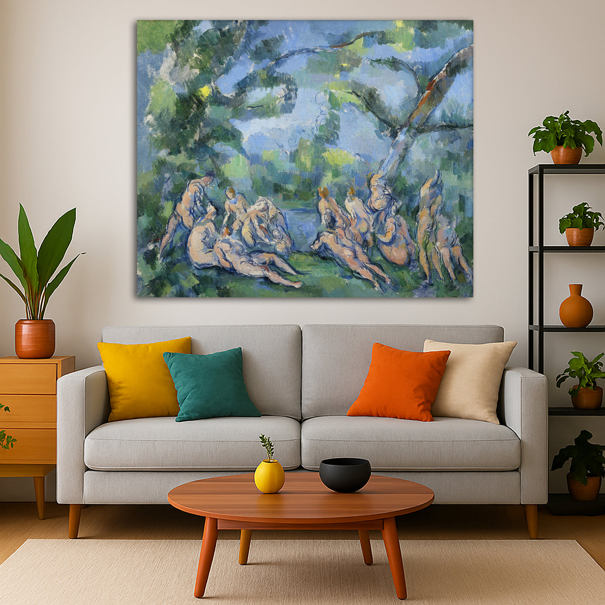 Paul Cézanne - The Bathers Giclée canvas print displayed in a modern living room interior
