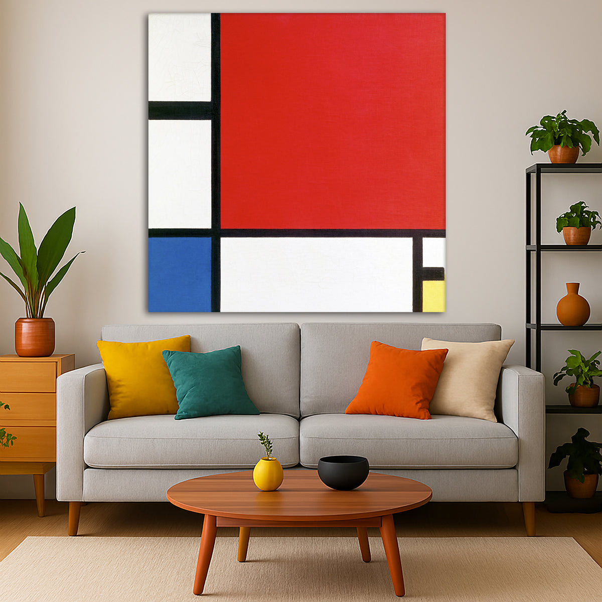 Piet Mondrian - Composition with Red, Blue and Yellow Giclée canvas print displayed in a modern living room interior