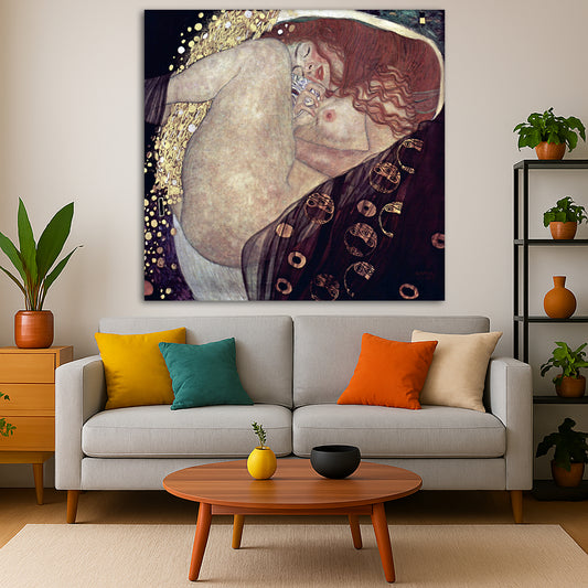 Gustav Klimt - Danae Giclée canvas print displayed in a modern living room interior