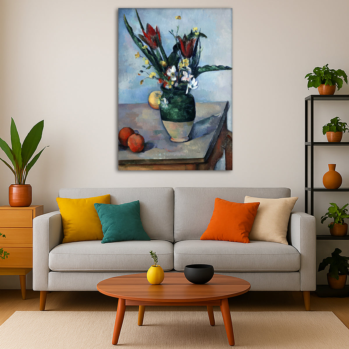 Paul Cézanne - Vase of Tulips Giclée canvas print displayed in a modern living room interior