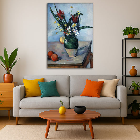 Paul Cézanne - Vase of Tulips Giclée canvas print displayed in a modern living room interior
