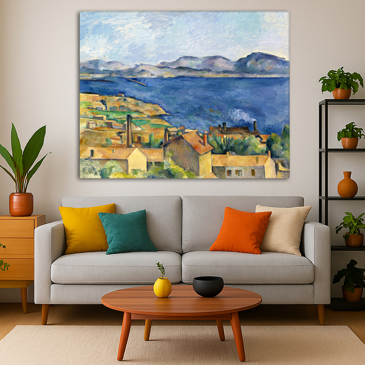 Paul Cézanne - The Bay of Marseilles Giclée canvas print displayed in a modern living room interior