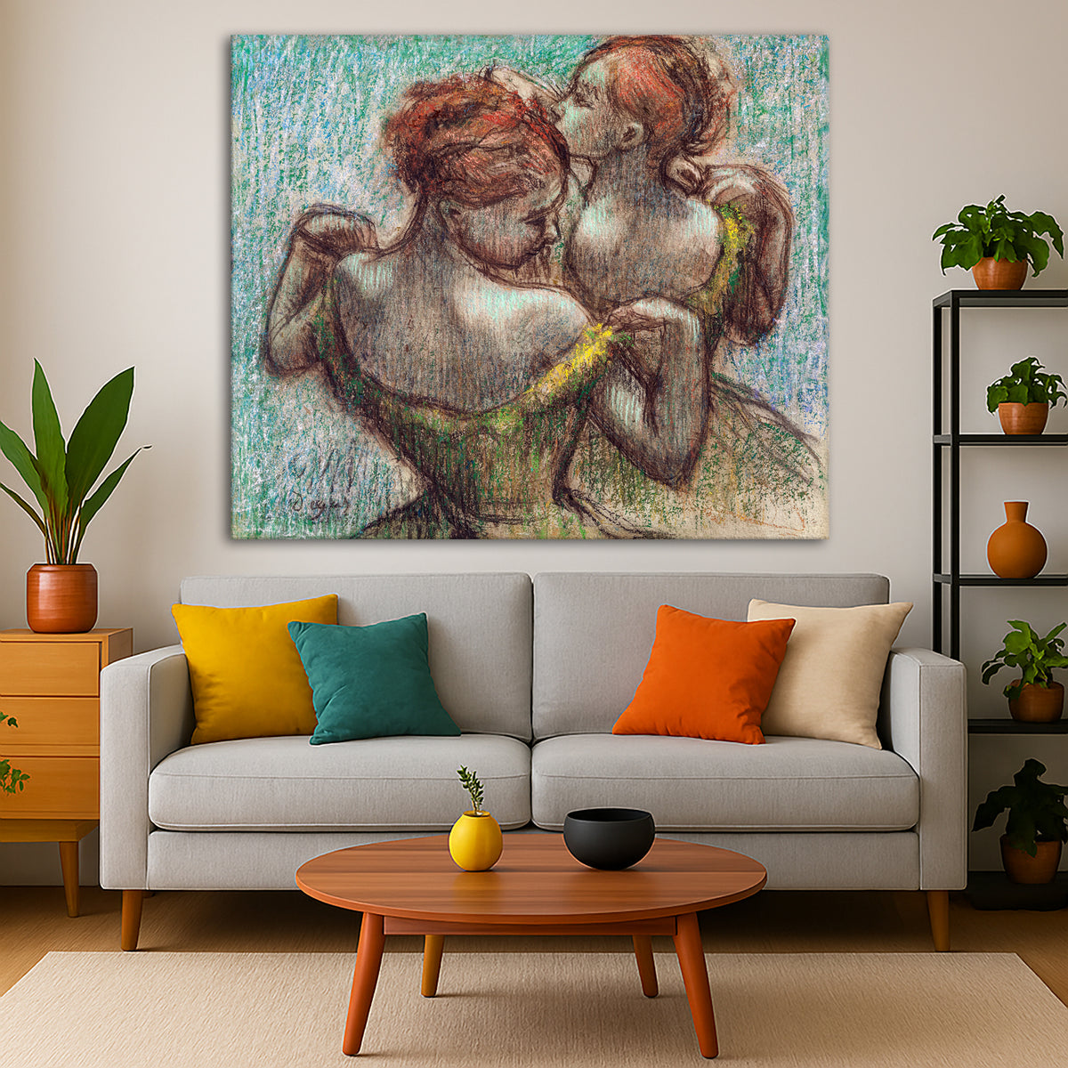Edgar Degas - Two Dancers in Green Giclée canvas print displayed in a modern living room interior