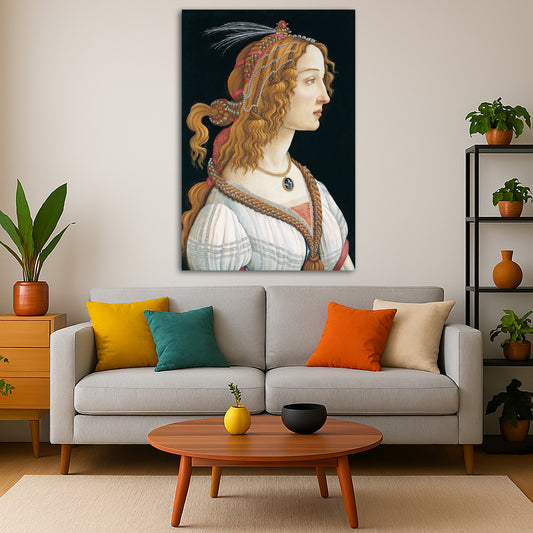Sandro Botticelli - Idealized Portrait of a Lady Giclée canvas print displayed in a modern living room interior