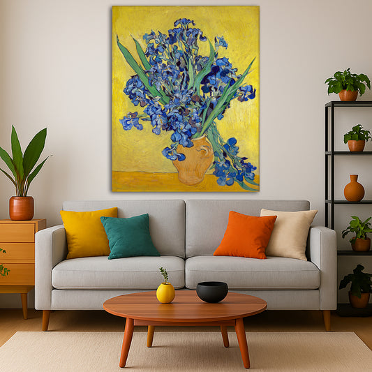 Vincent van Gogh - Irises Giclée canvas print displayed in a modern living room interior