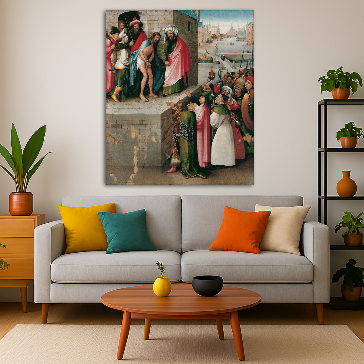 Hieronymus Bosch - Ecco Homo Giclée canvas print displayed in a modern living room interior