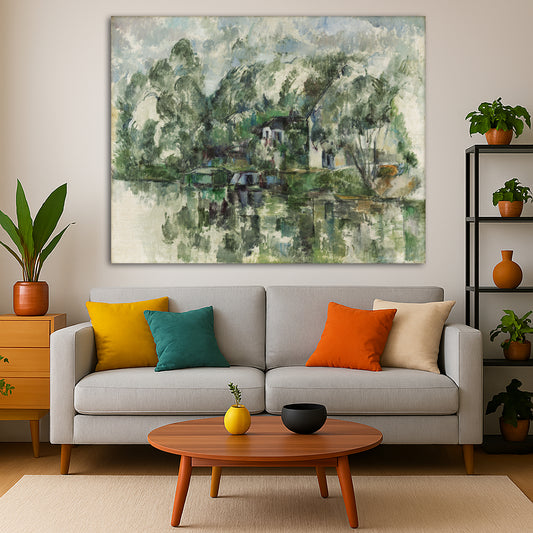 Paul Cézanne - By the Water's Edge Giclée canvas print displayed in a modern living room interior