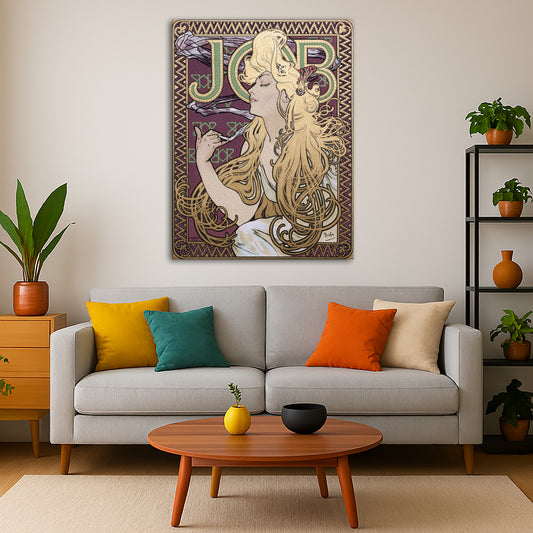 Alphonse Mucha - – Job 1896 Giclée canvas print displayed in a modern living room interior