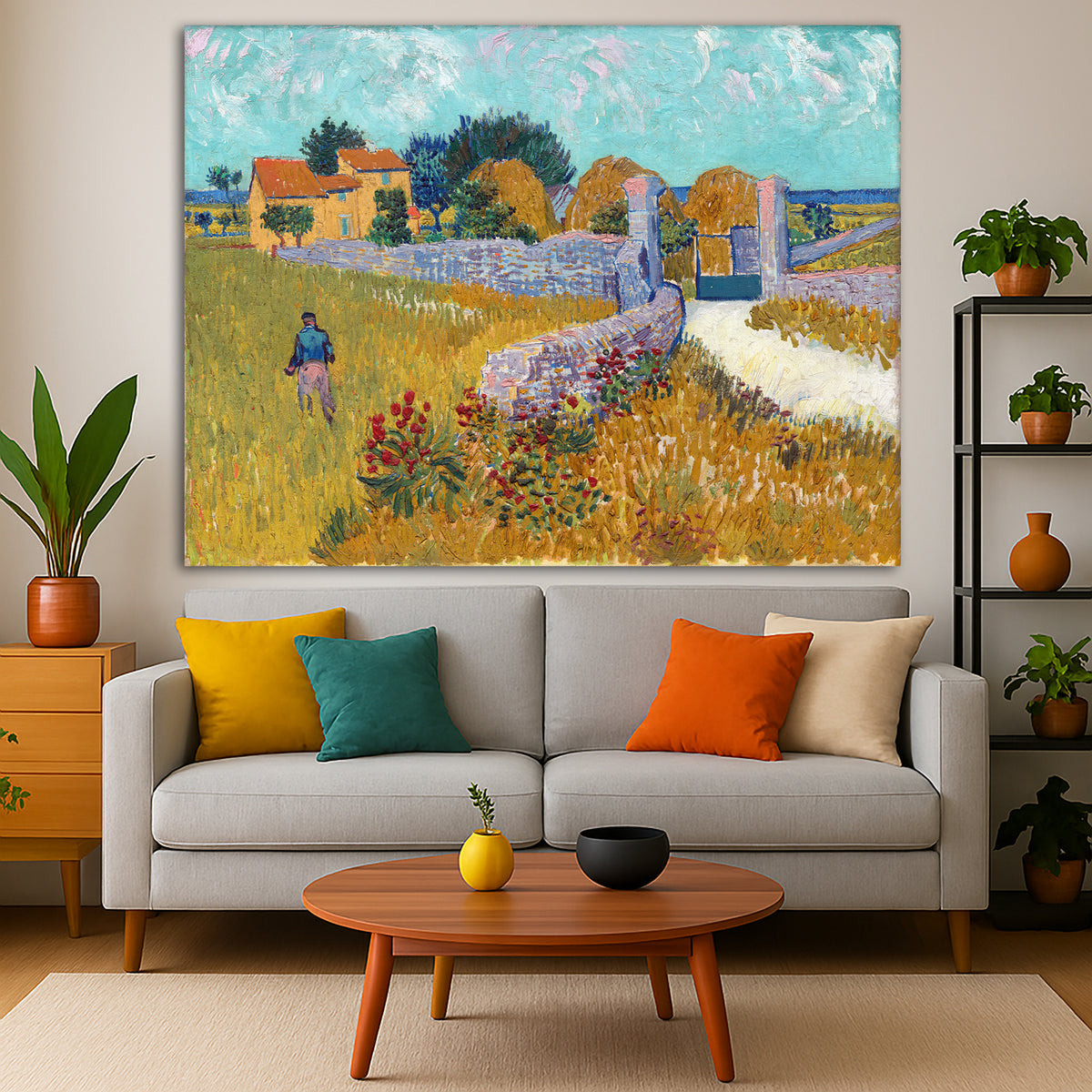 Vincent van Gogh - Farmhouse in Provence Giclée canvas print displayed in a modern living room interior