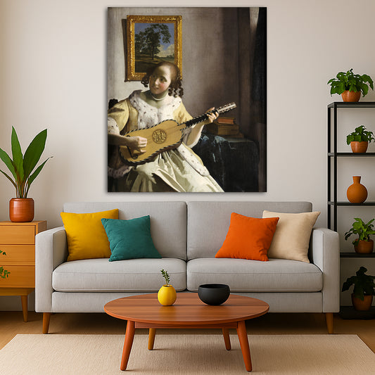 Jan Vermeer - The Guitar Player Giclée canvas print displayed in a modern living room interior