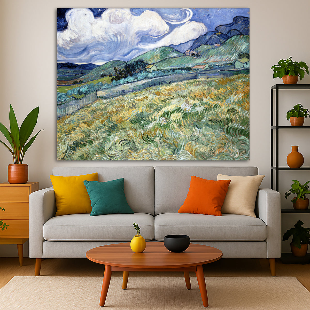 Vincent van Gogh - Landscape from Saint Remy Giclée canvas print displayed in a modern living room interior