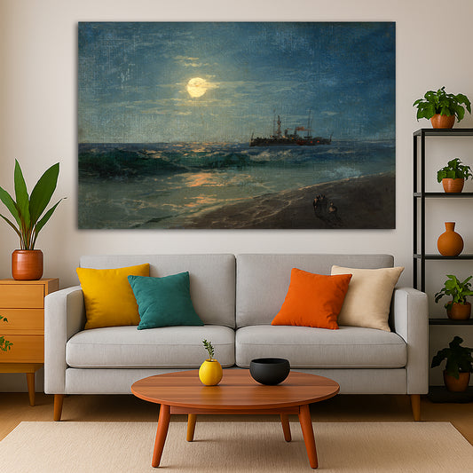 Ivan Aivazovsky - Ship in the Moonlight Giclée canvas print displayed in a modern living room interior
