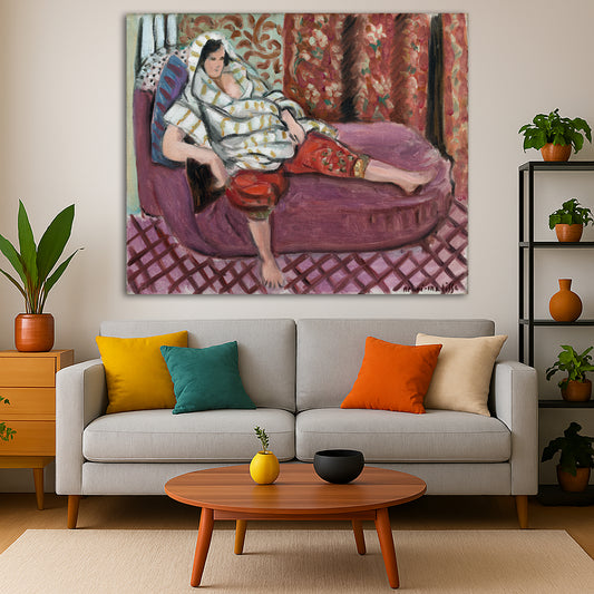 Henri Matisse - Woman on a Pink Divan Giclée canvas print displayed in a modern living room interior