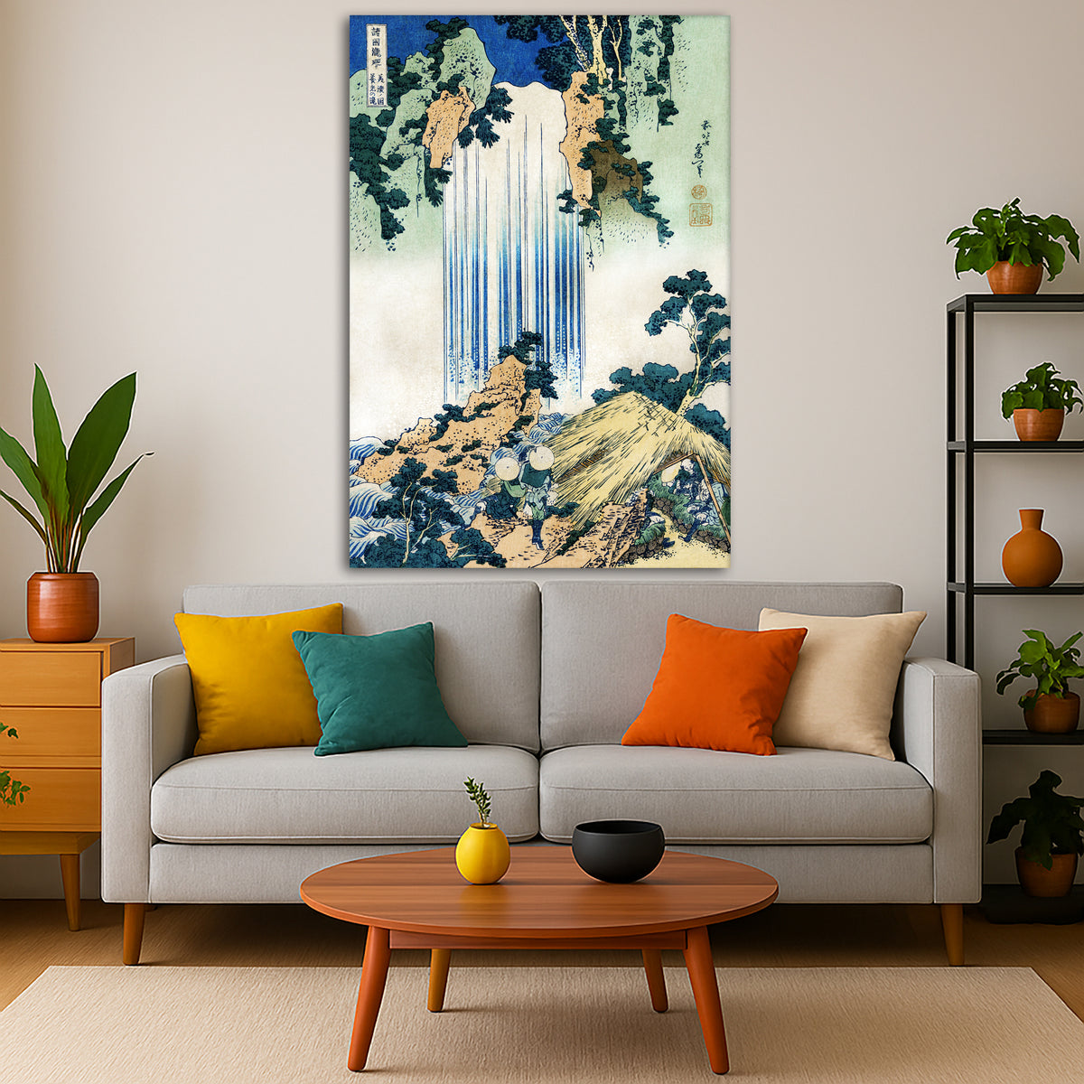 Katsushika Hokusai - Yoro Waterfall Giclée canvas print displayed in a modern living room interior