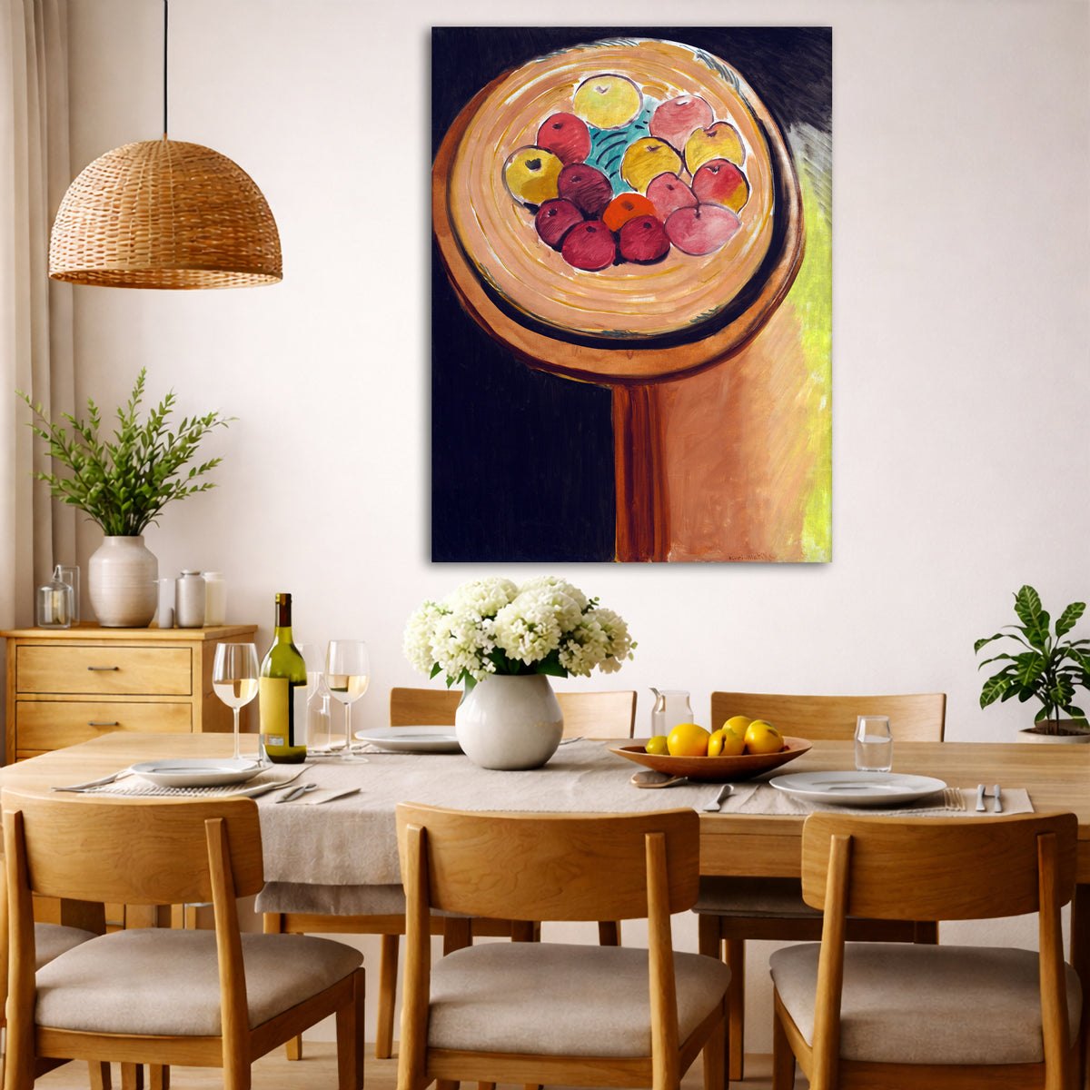 Henri Matisse - Apples Giclée canvas wall art displayed in a dining room interior