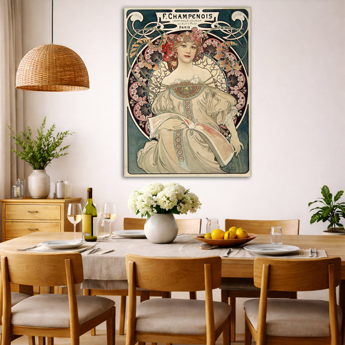Alphonse Mucha - – F. Champenois Imprimeur-Éditeur Giclée canvas wall art displayed in a dining room interior