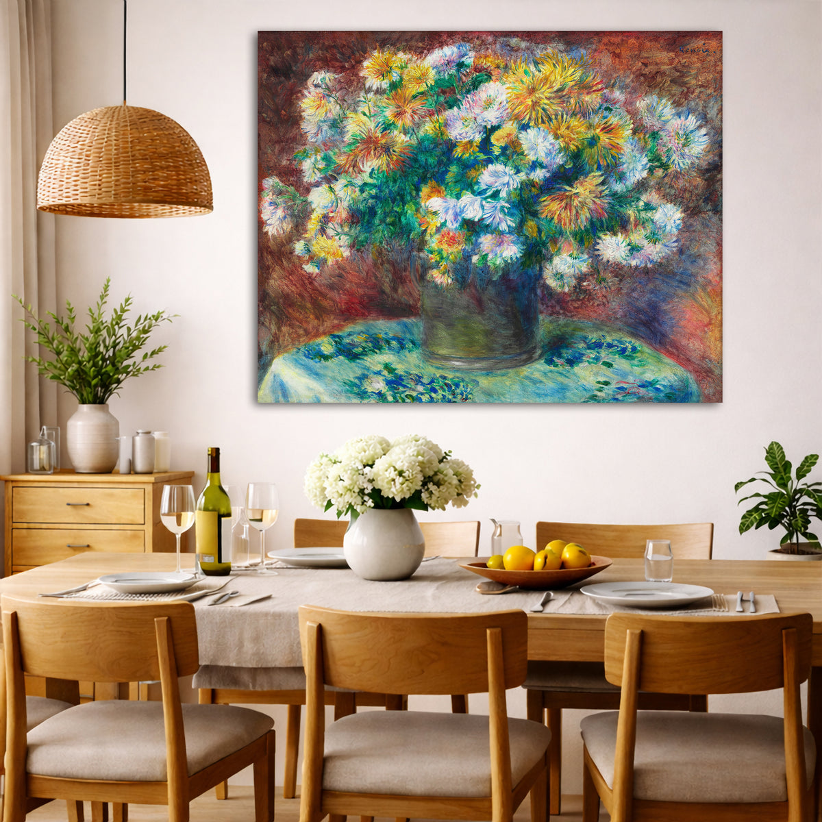 Pierre-Auguste Renoir - Chrysanthemums Giclée canvas wall art displayed in a dining room interior