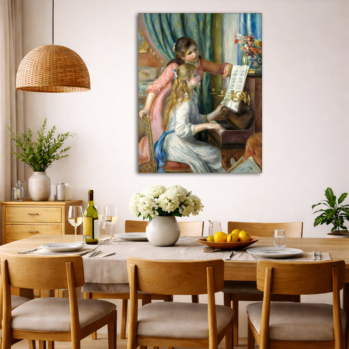 Pierre-Auguste Renoir - Girls at the Piano Giclée canvas wall art displayed in a dining room interior