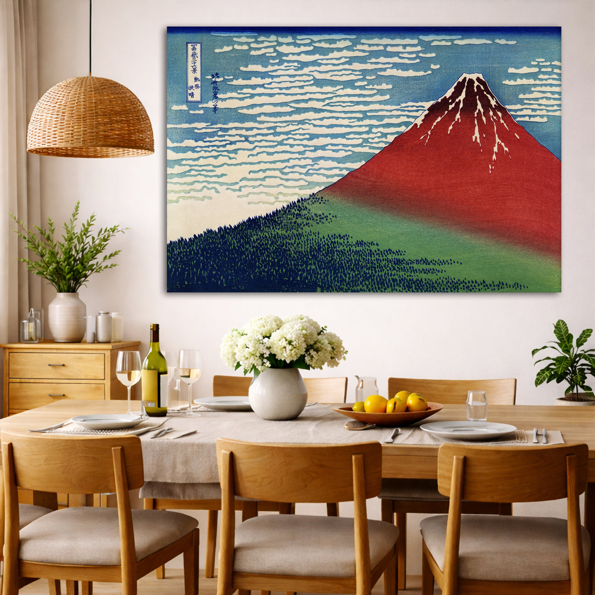 Katsushika Hokusai - Red Fuji Giclée canvas wall art displayed in a dining room interior