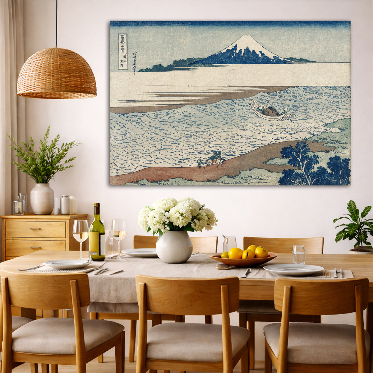 Katsushika Hokusai - Tama River in Musashi Province 1830 Giclée canvas wall art displayed in a dining room interior