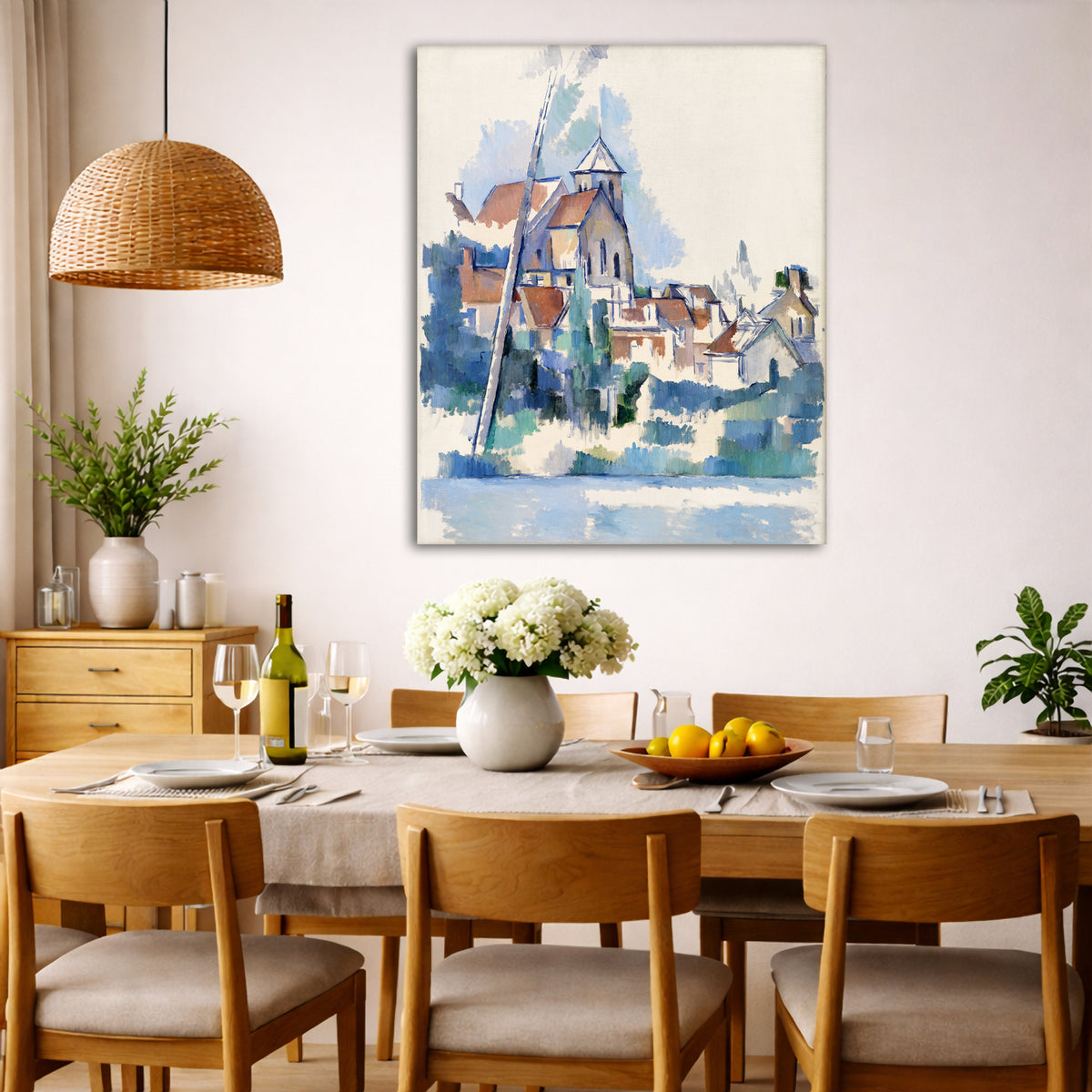 Paul Cézanne - Church at Montigny Giclée canvas wall art displayed in a dining room interior