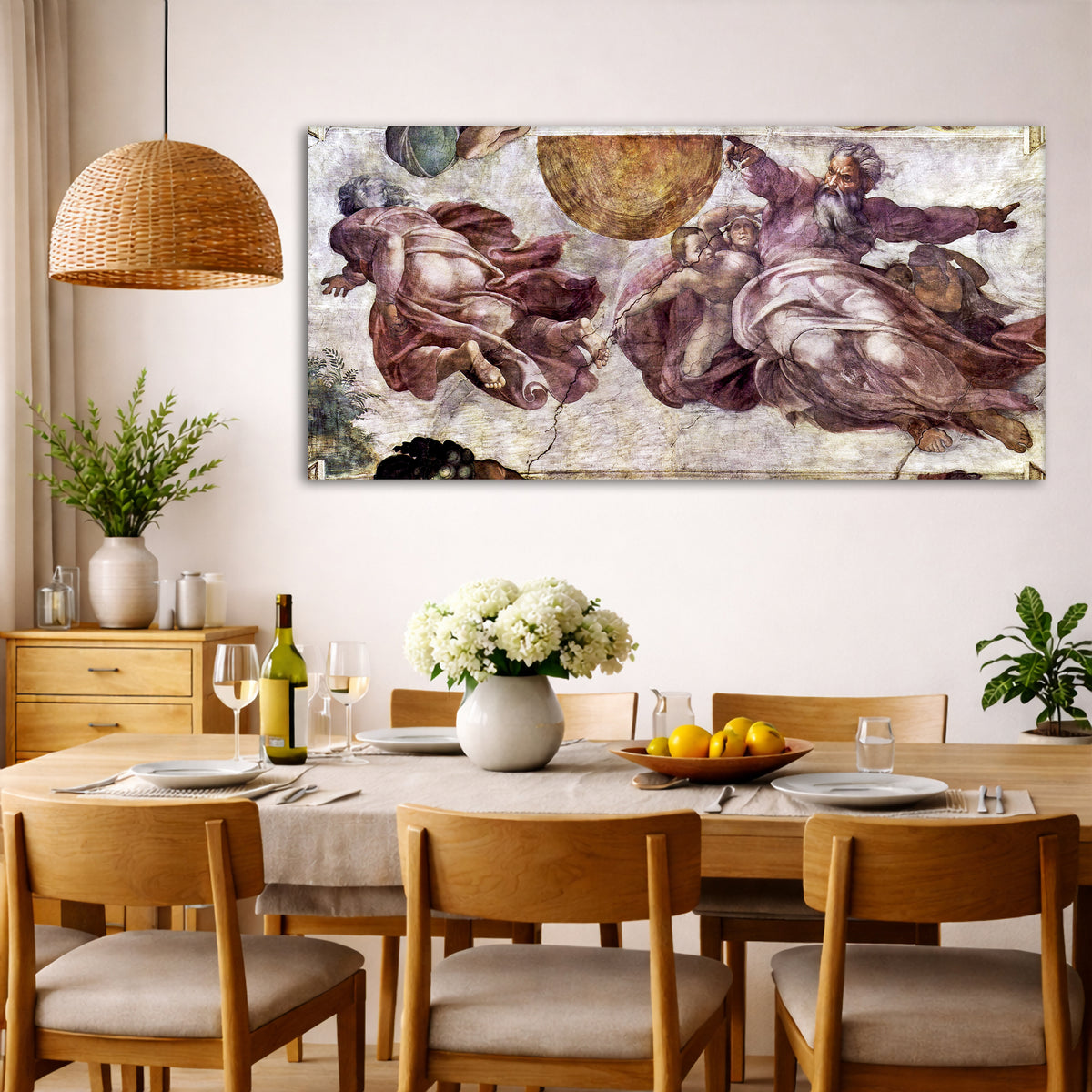 Michelangelo - Sistine Chapel Giclée canvas wall art displayed in a dining room interior